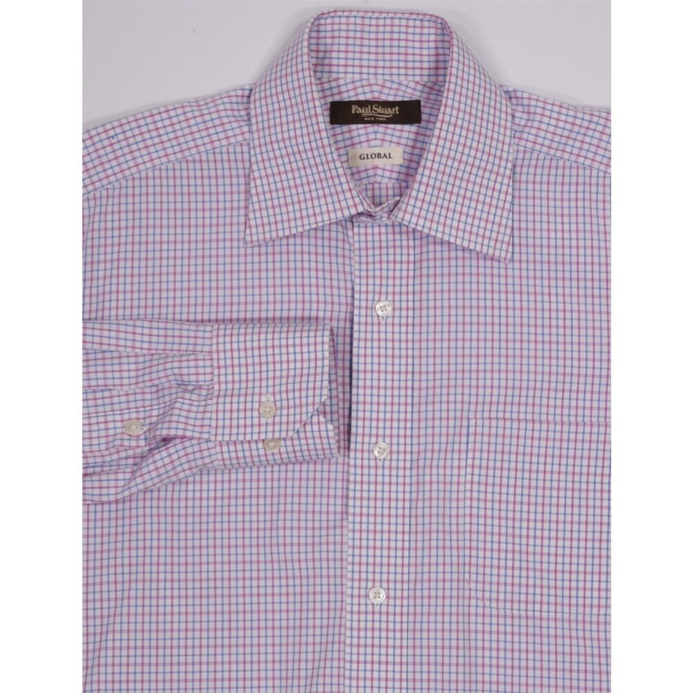 Paul Stuart White Pink Blue Check Cotton Dress Shirt (39) 15.5-32